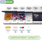 EZY DOSE Push Button (7-Day) Pill Case, Medicine Planner, Vitamin Organizer, 2 Times a Day AM/PM Container, X-Large Compartments, Arthritis Friendly, Effortless Open, Clear Lids, Blue/White, BPA Free