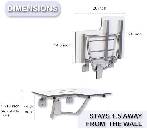 Folding Shower Chair for Elderly and Disabled | ADA Folding Shower Seat Wall Mounted Holds up to 600 lbs | Phenolic Resin Shower Chair for Inside Shower 304 Stainless Steel | 26”x21” Left Hand