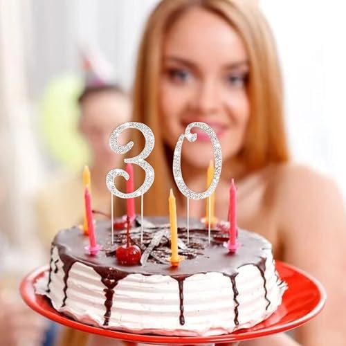 BEISHIDA 30 Number Cake Topper,Silver Bling Rhinestone 30th Birthday Happy Birthday Cake Topper for girls women for 30th Birthday Party Anniversary Wedding Cake Decorations
