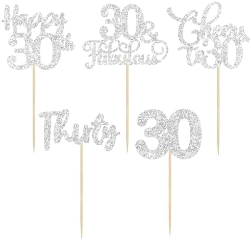 30 Pack Happy 30th Birthday Cupcake Toppers Silver Glitter Thirty Cheers to 30 Birthday Cupcake Picks for Happy 30th Birthday Anniversary Party Cake Decorations Supplies