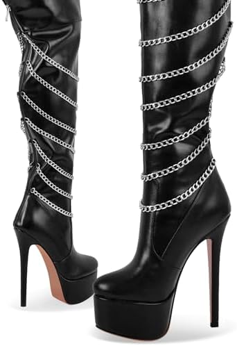 richealnini Platform Heel for Women Stiletto Over the Knee High Boots with Chains Party Wedding