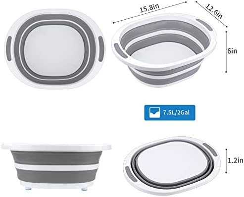 Collapsible Dishpan 7.5L Plastic Sink Dish Basin Cutting Board Foldable Food Tub for BBQ Picnic Camping Portable Washing Dishes Basket Space Saving Gray