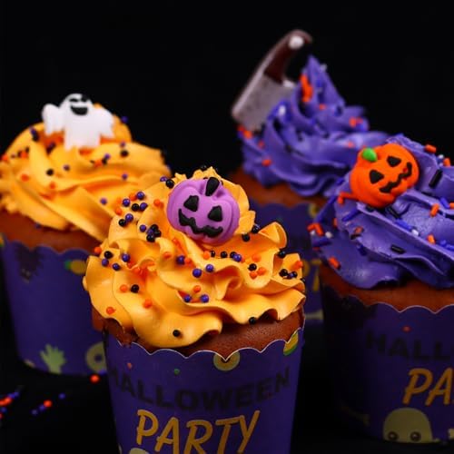 Edible Halloween Cake Decorations, 27 Count Royal Icing Toppers for Cakes, Cookies, Cupcakes - Pumpkin, Ghost, Witch Hat, Knife, Axe Icing Decoration - Spooky Baking Supplies for Halloween Party