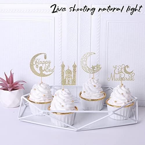 Rsstarxi 24 Pack Eid Mubarak Cupcake Toppers Gold Glitter Moon Star Happy Eid Cupcake Picks for Islamic Muslim Mubarak Festival Ramadam Kareem Party Cake Decorations Supplies.
