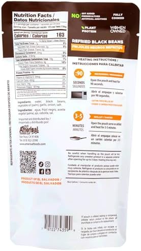 Perla Refried Black Beans (Frijoles Negros Refritos) - No MSG, Non BPA, No Animal Ingredients, No soy added, No Preservatives, No artificial additives, 6 Grams of Protein, Microwavable, Fully Cooked, Just heat and eat |14 ounces (PACK of 6)