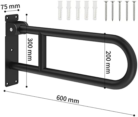 U-Shaped Polished Foldable Toilet Grab Bar,Matte Black Flip-Up Bathroom Handrail for Elderly Handicap Pregnant,Wall Mounted Barrier-Free Folding Shower Assist Aid (Black 60cm)