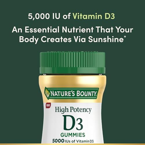 Nature’s Bounty Vitamin D 5000 IU Gummies, Vitamin D3 High Potency Immune Support & Bone Health Supplement, 5000 IU in 1 Gummy, Strawberry Flavor, 2 month Supply, 60 Vegetarian Gummies for Adults