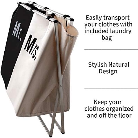 Nicesail Laundry Hamper 2 Section for Husband&Wife Parents or Couple, Clothes Basket Laundry Wedding Gift, Washing Storage Basket with Handle, Waterproof Bag Foldable Aluminum Frame Bathroom Bedroom