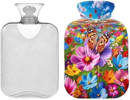Colorful Flowers with Butterfly Hot Water Bottle with Soft Cover Hand Feet Warmer Hot Water Bag for Neck, Shoulder and Menstrual Cramps, 2L