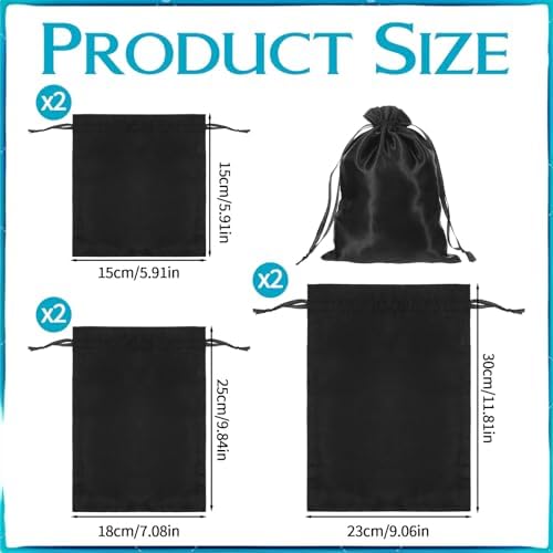 Toy Storage Bags, 6 PCS Quality Satin Silk Bags with Drawstring Microfiber Toy Organizer Bag Reusable Satin Drawstring Bag 3 Sizes Foldable Ditty Gift Pouches for Women Men Toys Wigs Cosmetic, Black