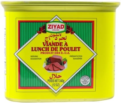 Ziyad Chicken Luncheon Meat, Halal, 12 Ounce Pull-Top Can, Fully Cooked, Ready to Eat, 0g Trans Fat, Gluten Free, Easy Open, Canned Meat for Sandwiches & Breakfast. Shelf Stable, Great for Camping or Bunker Prep
