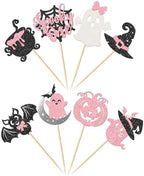 Rsstarxi 24 Pack Halloween Spooky One Cupcake Toppers Glitter Pumpkin Bat Spider Ghost Pink Girl First Birthday Cupcake Picks Decoration for Halloween Baby Shower 1st Birthday Party Cake Decorations