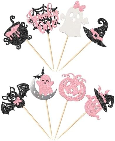 Rsstarxi 24 Pack Halloween Spooky One Cupcake Toppers Glitter Pumpkin Bat Spider Ghost Pink Girl First Birthday Cupcake Picks Decoration for Halloween Baby Shower 1st Birthday Party Cake Decorations