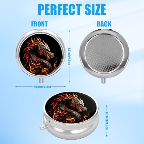 Pill Box, 3 Compartments Small Pill Case Travel Portable Metal Medicine Box with Mirror Mini Container for Purse Pocket Women Men(Fire Dragon)