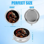 Pill Box, 3 Compartments Small Pill Case Travel Portable Metal Medicine Box with Mirror Mini Container for Purse Pocket Women Men(Fire Dragon)