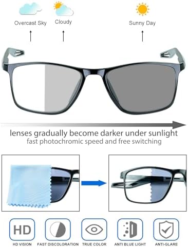K.LAVER Photochromic Progressive Multifocus Reading Glasses Blue Light Blocking Multifocal Readers Spring Hinge Sunglasses
