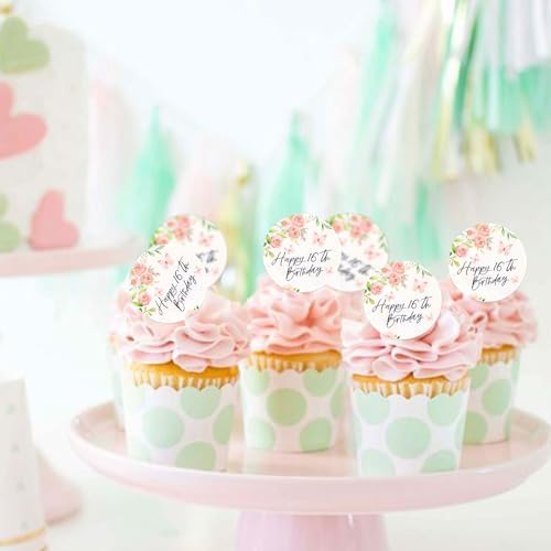 40PCS Edible 16th Birthday Cupcake Toppers Wafer Paper 16 Years Old Number 16 Birthday Cupcake Picks for 16th Birthday Anniversary Party Cake Decorations Supplies