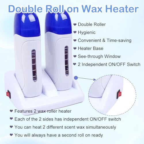 Double Depilatory Roll on Wax Heater Roller Warmer Cartridge Strips Hair Removal Kit with ON/OFF Switch (Honey & Lavender Wax & 200 Paper)