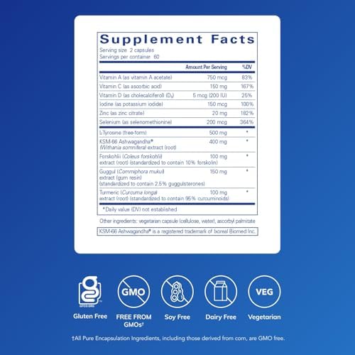 Pure Encapsulations Thyroid Support Complex - Supports Thyroid Health* - Antioxidant Infusion - with Ashwagandha & Iodine - Non-GMO & Vegetarian - 120 Capsules