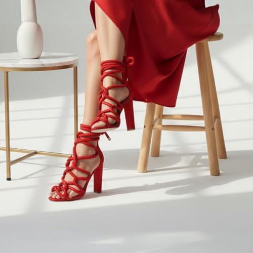 Liliana Women Chunky heel rope lace up high heel sandals