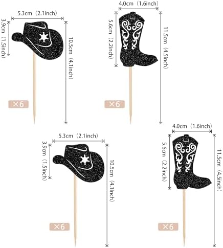 24 PCS Cowboy Cupcake Toppers Glitter Cowboy Hats Boots Cupcake Picks Cowboy Party Cupcake Decorations for Western Theme Baby Shower Boys Birthday Party Cake Decorations Supplies Black