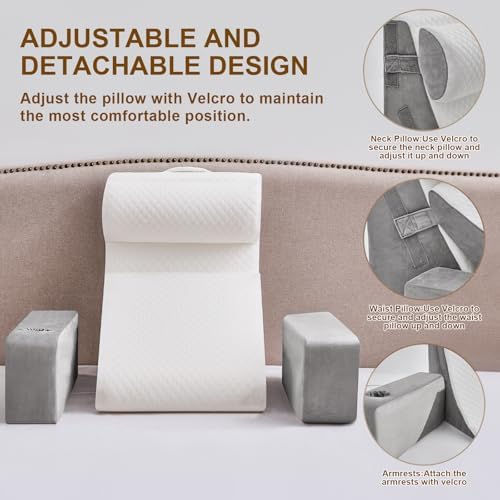 Reading Pillow for Sitting in Bed Adult, Back Pillow for Bed Sitting up with Arms, Pockets and Cup holder, Sit Up Backrest Pillows for Beds Chair Support, Rest Pillow for Gaming (Light gray, 5PCS)