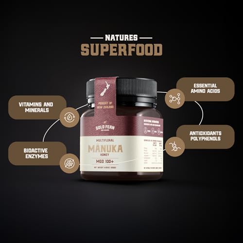 Gold Fern Honey - Raw New Zealand Manuka Honey | 8.8oz MGO 100+ | Pure, Natural, Unpasteurized, and Unfiltered Superfood Honey, Traceable from Hive to Hand.