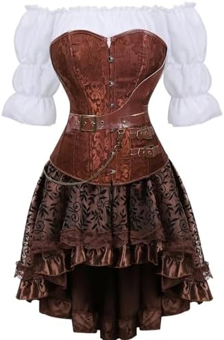 Corset Dress 3 Set Skirt Tutu Set Corsets for Women Steampunk Gothic Punk Leather Bustier Pirate Costume