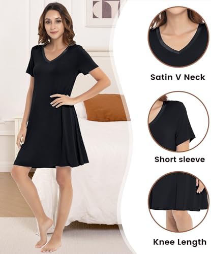 NACHILA Nightgowns for Women-Viscose Made from Bamboo, Soft Sleepshirts Short Sleeve Nightshirts Loose Sleepwear