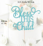 Bless This Child Cake Topper - Sky Blue Glitter Chlid Christening Cake Decoration Supply - Smash Cake Topper for First Holy Communion Party/Baby Shower - Baptisim Cake Decor