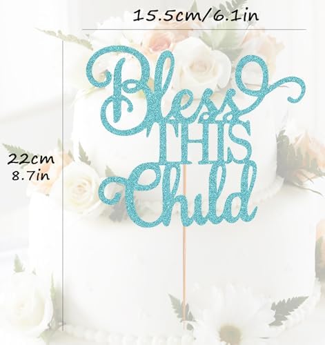 Bless This Child Cake Topper - Sky Blue Glitter Chlid Christening Cake Decoration Supply - Smash Cake Topper for First Holy Communion Party/Baby Shower - Baptisim Cake Decor