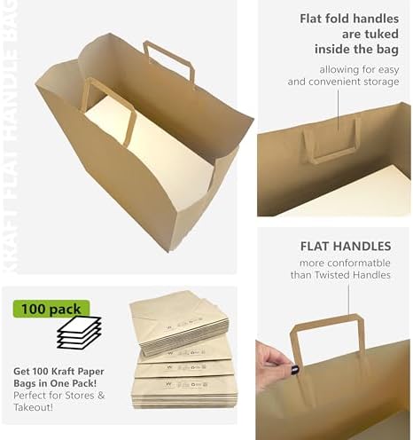 Model MIAMI – Pack of 100 Brown Kraft Takeout Paper Bags with Flat Handles – 13.375 x 7.875 x 15.75 Inches – Heavy-Duty & Perfect for Restaurants, Food Delivery, Retail & Catering