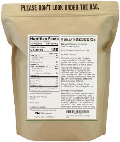 Anthony's Organic Split Red Lentils, 2 lb, Masoor Dal, Gluten Free, Non GMO, Vegan
