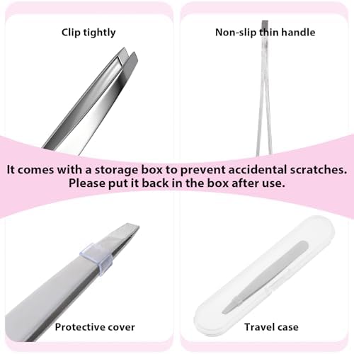 2 PCS Precision Slant Eyebrow Tweezers, Tweezers for Women Facial Hair & Ingrown Hair Removal Silver Stainless Steel Eyebrow Hairs Removal Tweezer with Case for Women Men