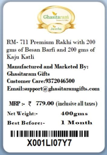 Ghasitaram Gifts Rakhi for Brother Rakhis Online - RM- 711 Premium Rakhi with 200 GMS of Besan Barfi and 200 GMS of Kaju Katli