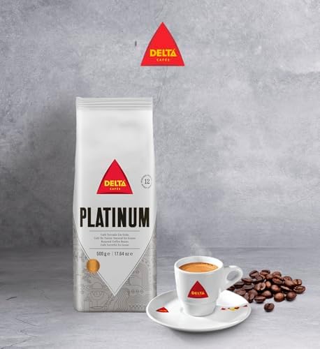 Delta Cafés Platinum Whole Bean Coffee 500gr/17.6oz, Intensity 12, Arabica & Robusta Blend - Aromatic and Roasted Nuts Notes Espresso Beans