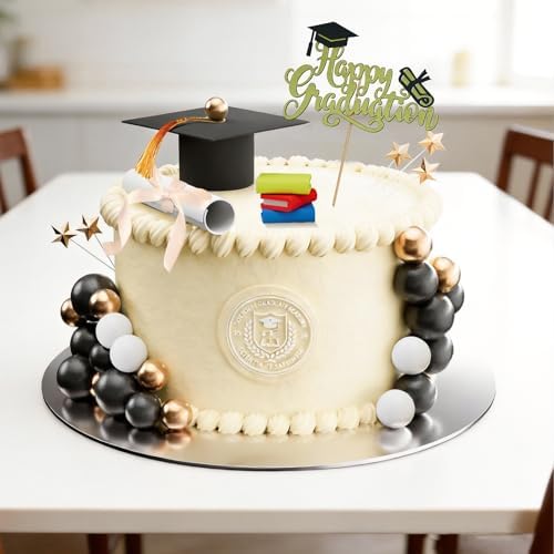 Graduation Cake Toppers - High School College Senior Supplies for 2026, 26Pcs Decorations Kit with Graduation Caps, Diploma for Party Cake Decor Cake balls Mini textbook（Black White Gold）