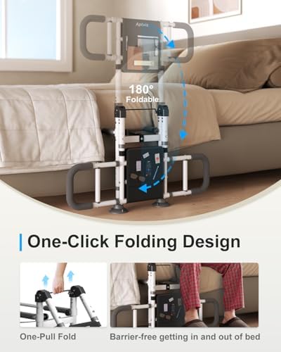 Bed Rails for Elderly Adults Safety - ASTM Compliant, 350 lb Heavy Duty Foldable Bed Assist Rail for Seniors, Adjustable Bed Cane with Non Slip Handle, Light & Pouch, Fits Twin Full Queen King Grey