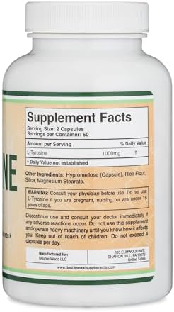 L-Tyrosine 1,000mg per Serving, 120 Veggie Capsules (L Tyrosine Supplement for Memory, Attention, and Focus) Amino Acid, Vegan Safe, Non-GMO by Double Wood