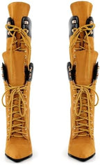 Richealnana Women's Double Lace Pointed Toe Stilettos Straps Up Strappy Knee High Boots