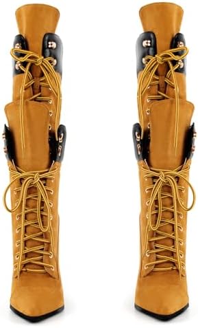 Richealnana Women's Double Lace Pointed Toe Stilettos Straps Up Strappy Knee High Boots
