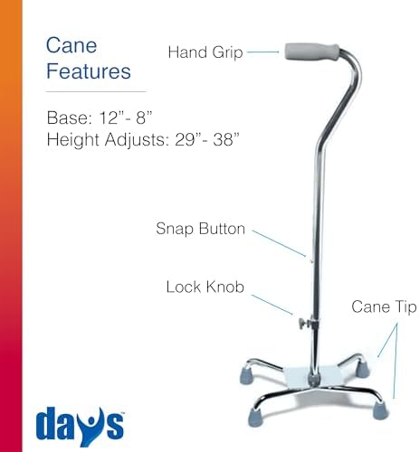 Days Quad Cane with Wide Base – Adjustable Walking Cane for Men & Women, Aluminum 4-Prong Walking Stick for Seniors with Slip-Resistant Rubber Tips, Lightweight & Self-Standing Mobility Aid
