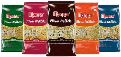 Manna Millets | Natural Grains | Browntop 500g, Little 500g, Kodo 500g, Foxtail 500g, Barnyard 500g | Low GI Rice | Nutrient Powerhouse, High Protein & More Fibre than Rice 500 g (Pack of 5) Browntop