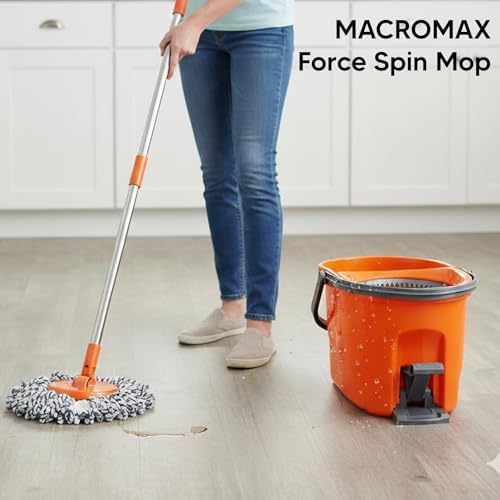 Macrofresh MacroMax 14-Pc Home Cleaning Kit: Hands-Free Pedal Spin Mop & Bucket System, 5 Microfiber Refills, Microfiber Cloths, Glass Cloths, Multi-Color Sponges & Hangers