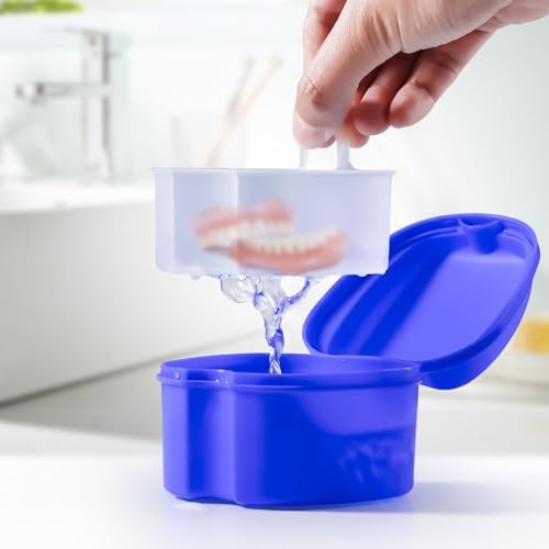 JMU Denture Bath Case with Strainer Basket Soaking Cup & Mouthguard Storage Container (Pack of 2, Navy Blue, Purple)