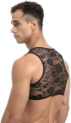 Floral Lace Mens Crop Top See Through Shirt Sexy Muscle Tank Top Gym Workout Vest Sissy Sheer Half Tops