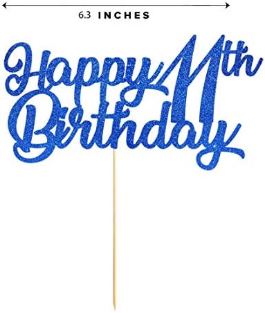 Blue Happy 11th Birthday Cake Topper, Royal Blue Glitter Cheers To 11 Years Party Cake Decorations, Supply