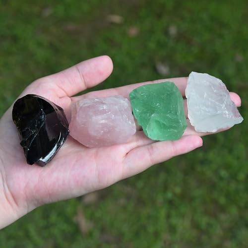Protection Crystal Set, Raw Crystals for Chakra Balance – Obsidian Amethyst Clear Quartz Rose Quartz Green & Color Fluorite. 1.2-2"0.58lb Bulk Rough Stones for Home Meditation Reiki Gifts