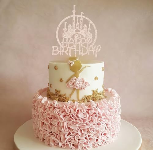 Castle Birthday Cake Topper - Rose Gold Glitter Castle Theme Birthday Party Cake Decoration Supply - Princess Prince Happy Bday Cake Topper Photo Prop