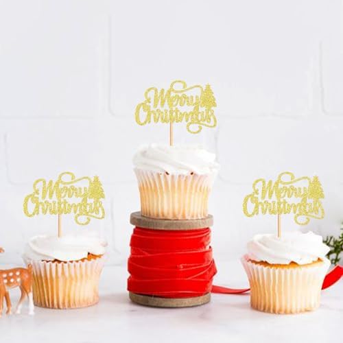24 Pack Merry Christmas Cupcake Toppers Red Xmas Holiday Cupcake Picks for Christmas Party Cake Decorations Gold